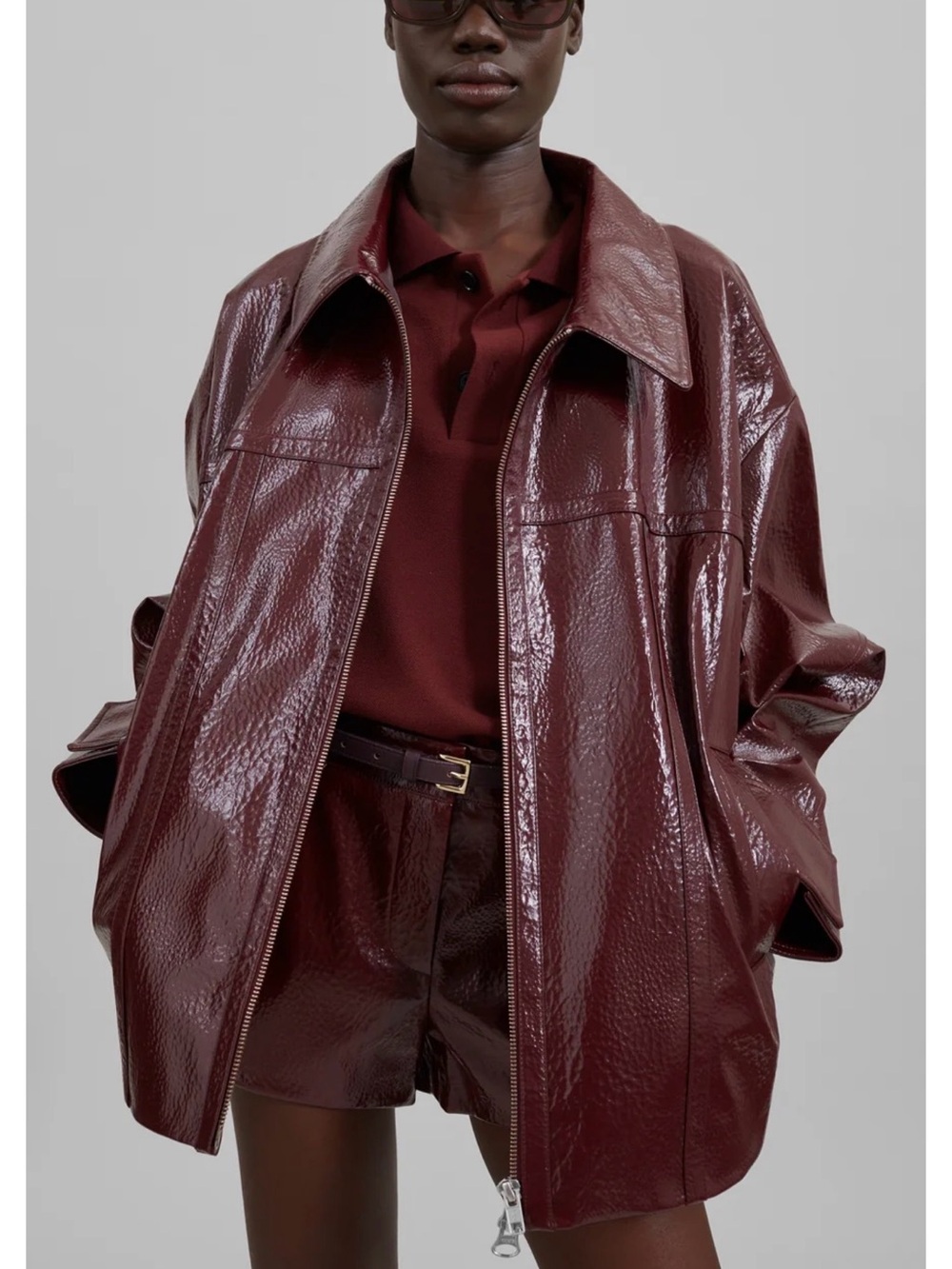 The Frankie Shop Arbor Cracked Glossy Patent Leather Oversized Jacket Burgundy